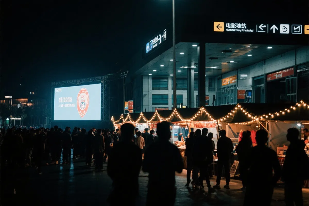 费城球迷广场夜景：大屏观赛人群、步行指示牌与公共交通入口